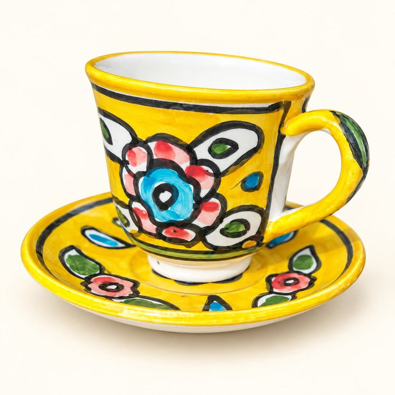 Handmade Ceramic Floral Tea Cup With Saucer Plate Pottery