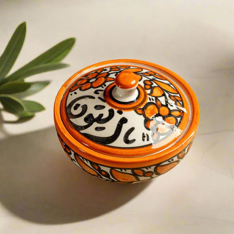 Orange Hebron Ceramic Olive Bowl with Lid