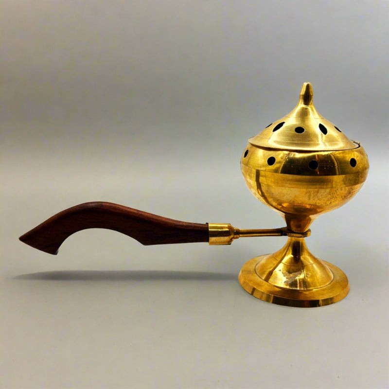 Incense Burner Solid Brass With Wooden Handle
