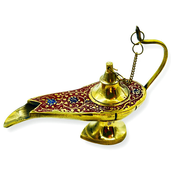 Incense Holder Aladdin Lamp Brass & Red Enamel Colors - STLESS