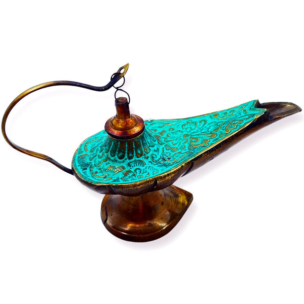 Incense Holder Aladdin Lamp Brass & Turquoise Enamel Colors - STLESS