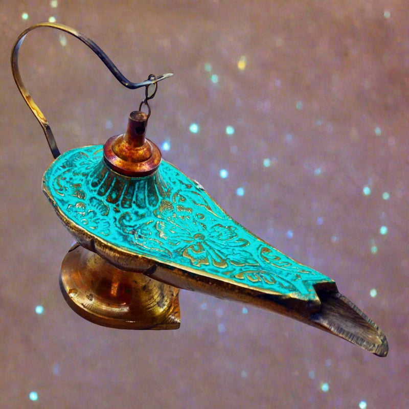Incense Holder Aladdin Lamp Brass & Turquoise Enamel Colors