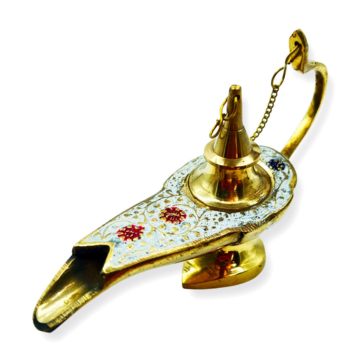 Incense Holder Aladdin Lamp Brass & White Enamel Colors