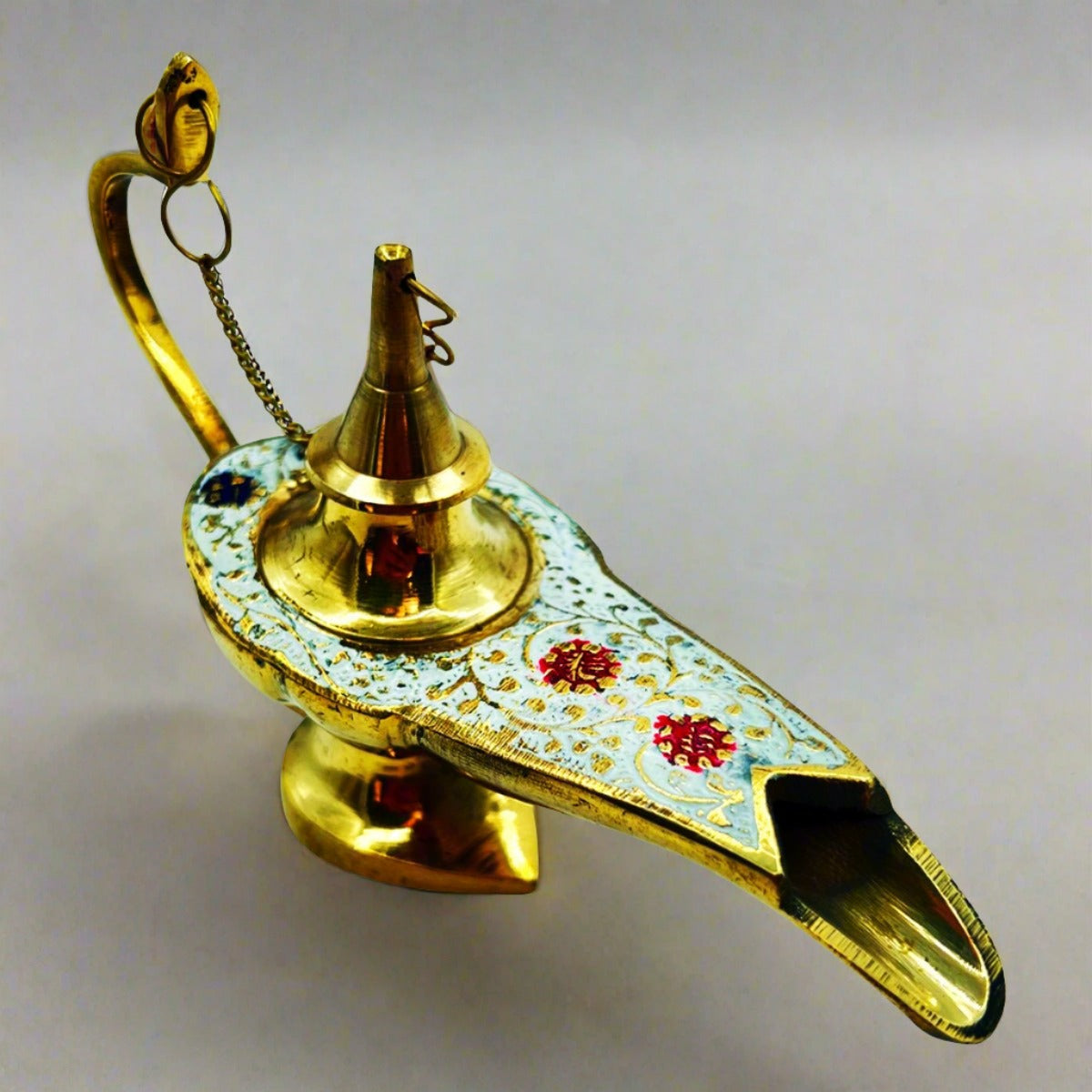 Incense Holder Aladdin Lamp Brass & White Enamel Colors