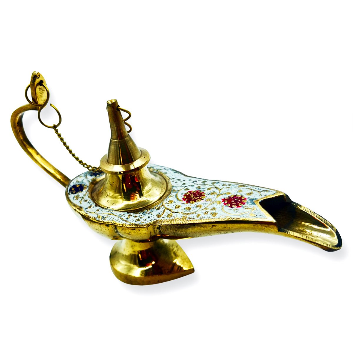 Incense Holder Aladdin Lamp Brass & White Enamel Colors