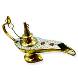 Incense Holder Aladdin Lamp Brass & White Enamel Colors