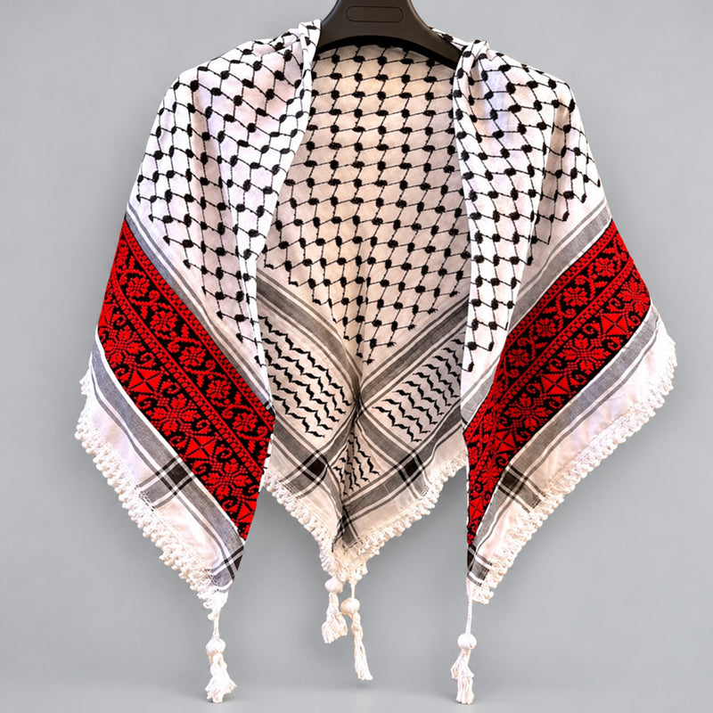 Palestinian Tatreez Embroidered Keffiyeh – Black & White