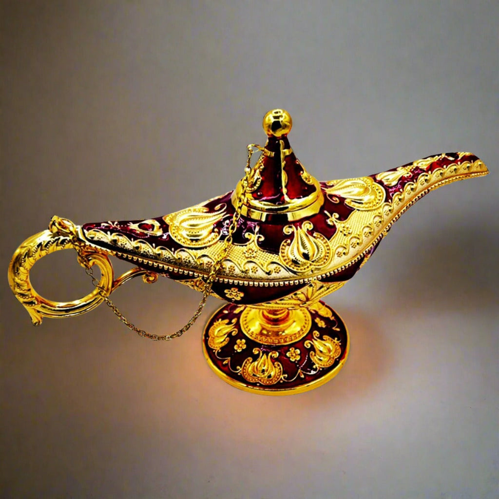 Mini Incense Holder Aladdin Lamp Brass & Red Enamel Colors - STLESS