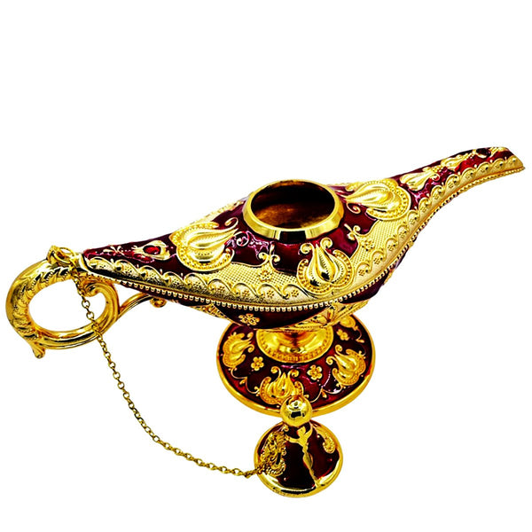 Mini Incense Holder Aladdin Lamp Brass & Red Enamel Colors - STLESS