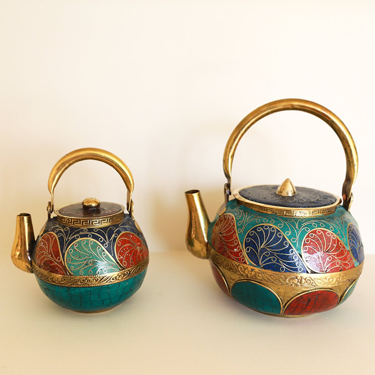 Nepalese Pure Copper Gemstone Lapis, Turquoise & Coral Teapot Wide Set