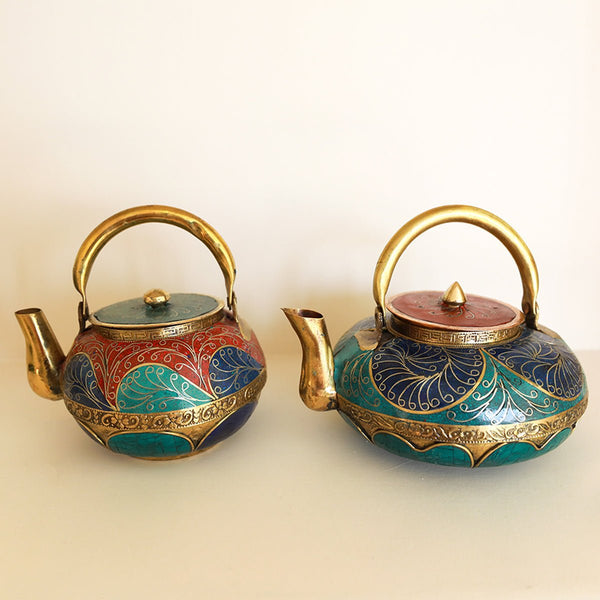 Nepalese Pure Copper Gemstone Lapis, Turquoise & Coral Teapot Wide Set - STLESS