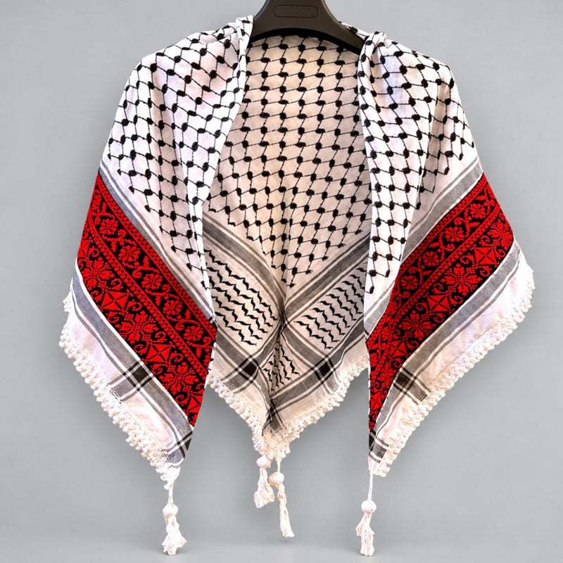 Palestinian Tatreez Embroidered Keffiyeh – Black & White