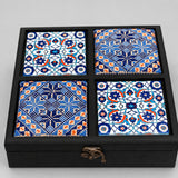 Personalized Wooden Tea Box Embroidery and Ceramic Blue - صندوق شاي