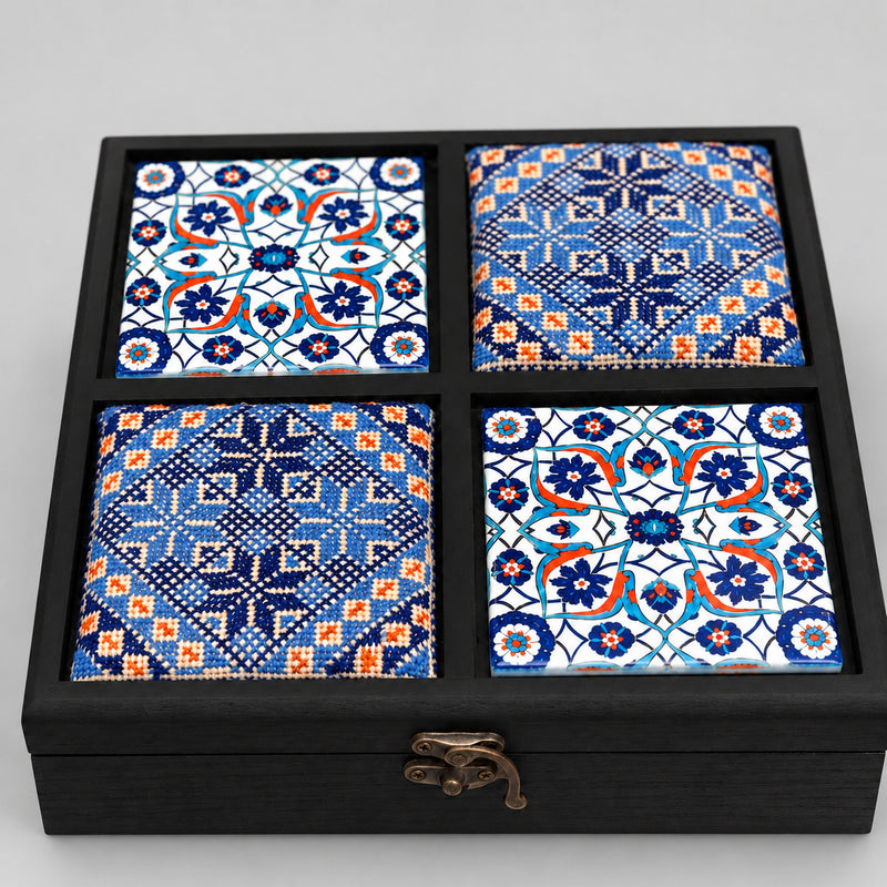 Personalized Wooden Tea Box Embroidery and Ceramic Blue - صندوق شاي