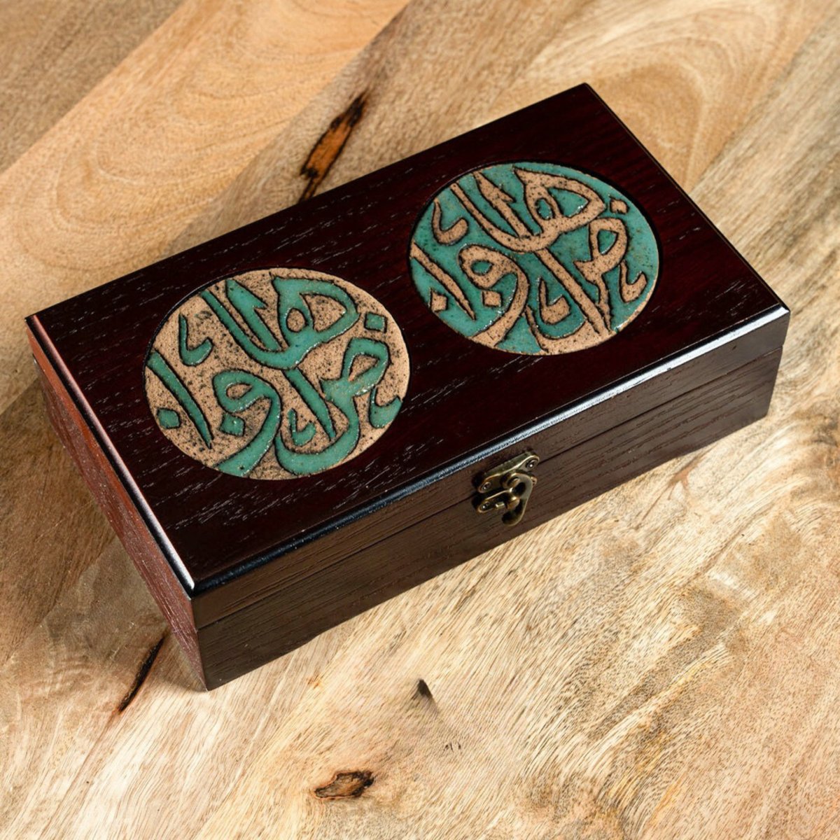 Personalized Wooden Tea Box Nabatean Stone Arabic Calligraphy - Rassme