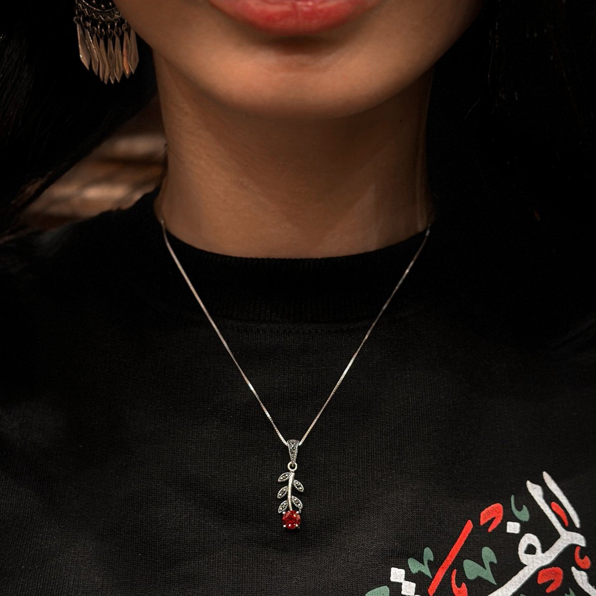 Red Rose Flower Sterling Silver Necklace