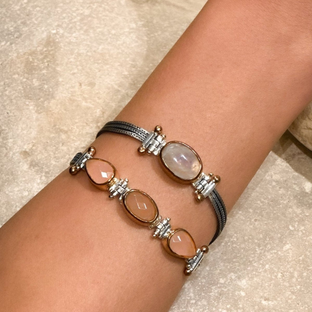 Silver Genuine gemstone Agate & Moonstone Bracelete Set