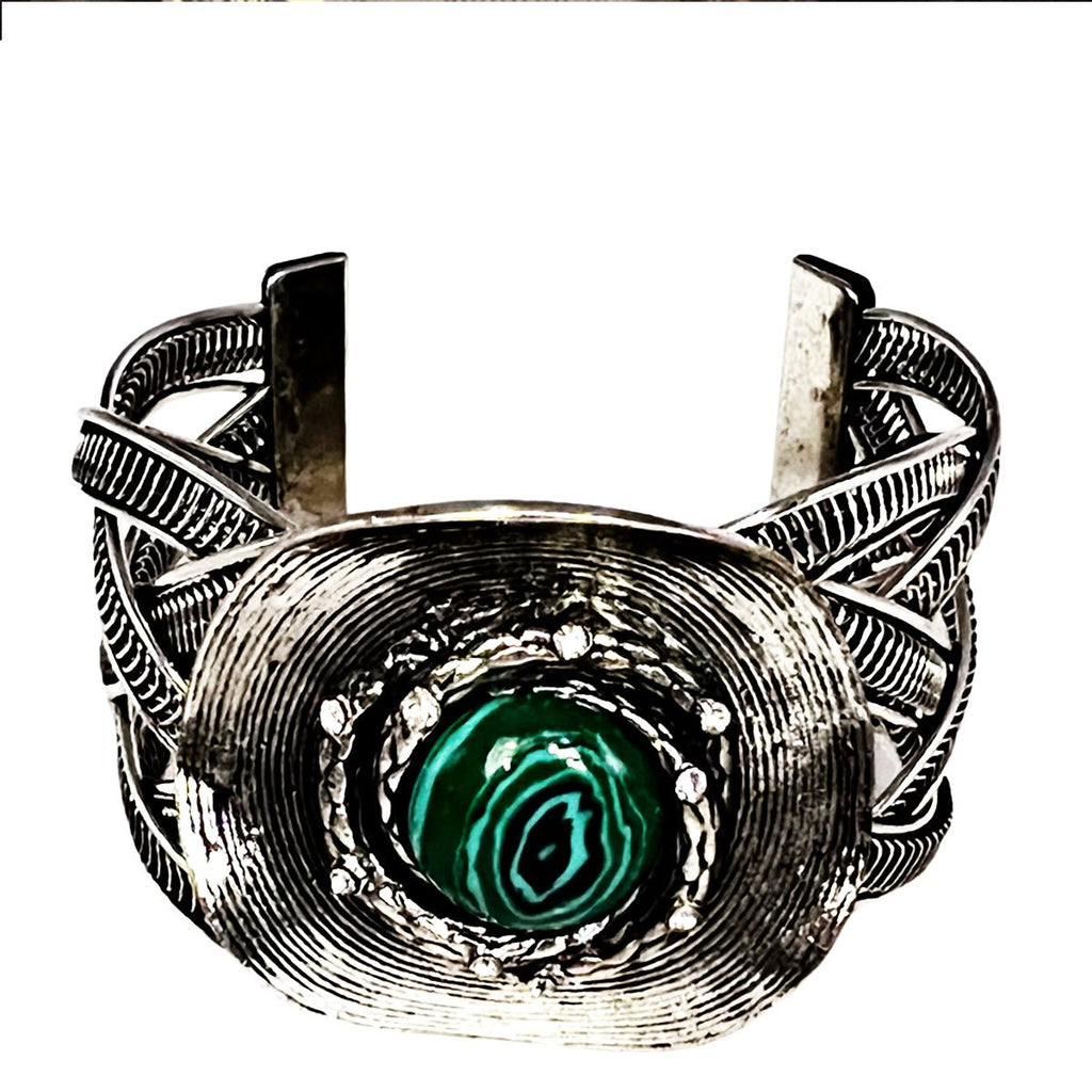 Silver Plated with Malachite Stone Bracelet Bangle - STLESS