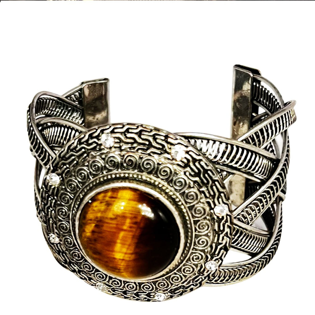 Silver Plated with Tiger's Eye Stone Bracelet Bangle - STLESS