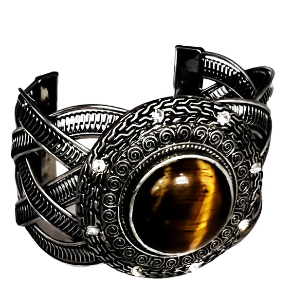 Silver Plated with Tiger's Eye Stone Bracelet Bangle - STLESS