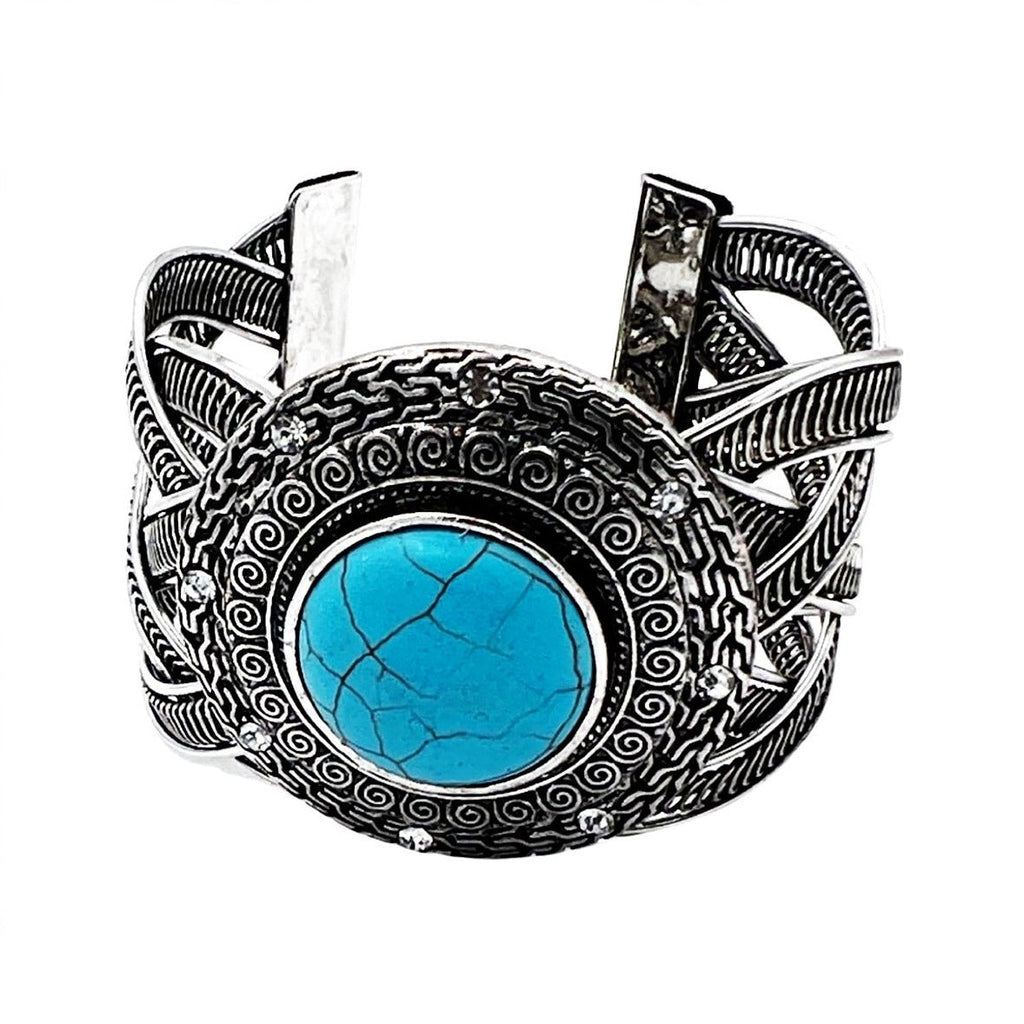 Silver Plated with Turquois Stone Bracelet Bangle - STLESS