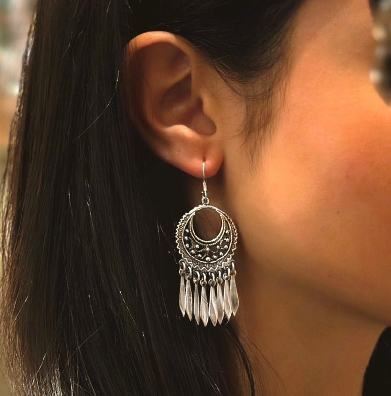 Traditional Silver Round Earrings with Fringe