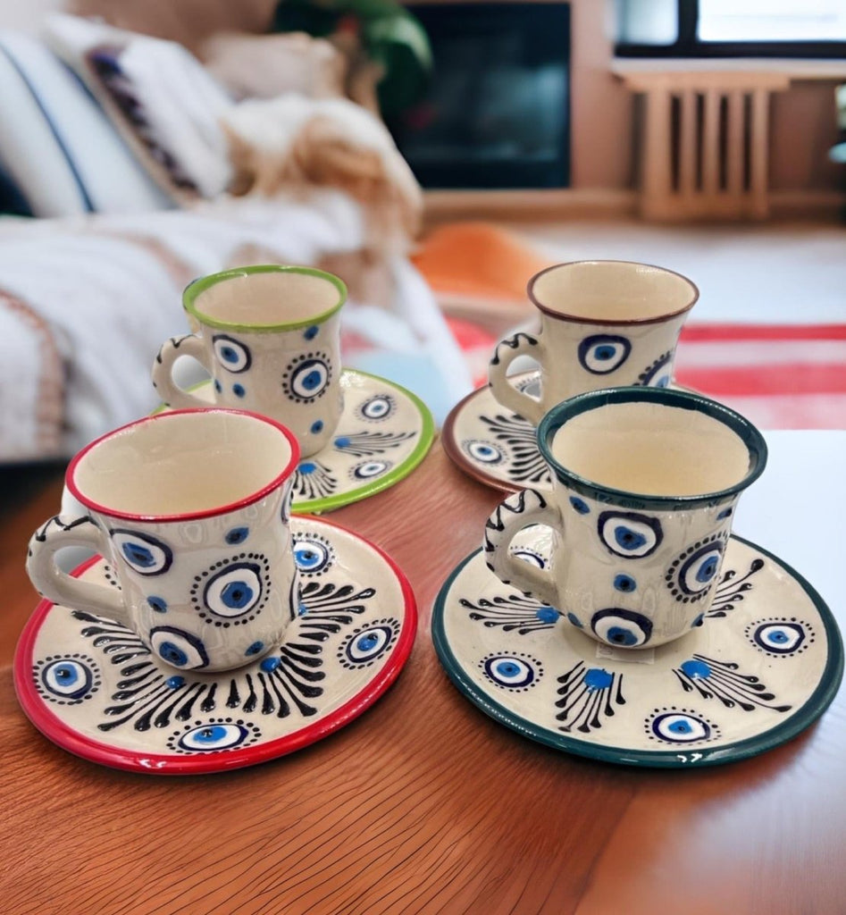 Six Handmade Ceramic Blue Eye Turkish Coffee Set
