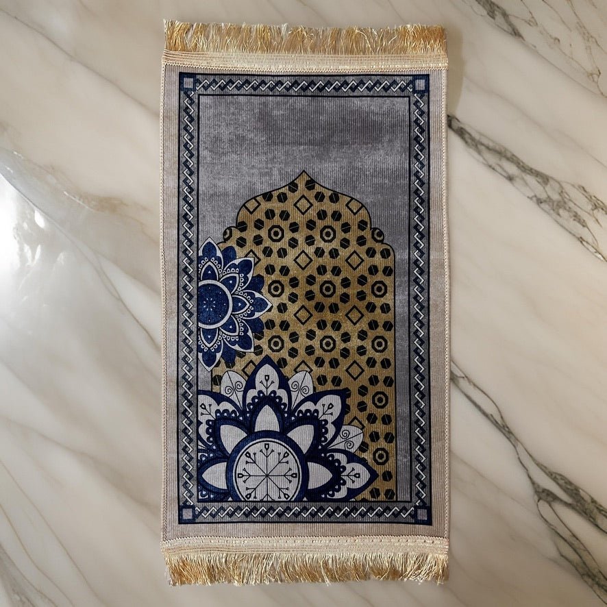 Small Prayer Mat with Blue Floral Arch Design