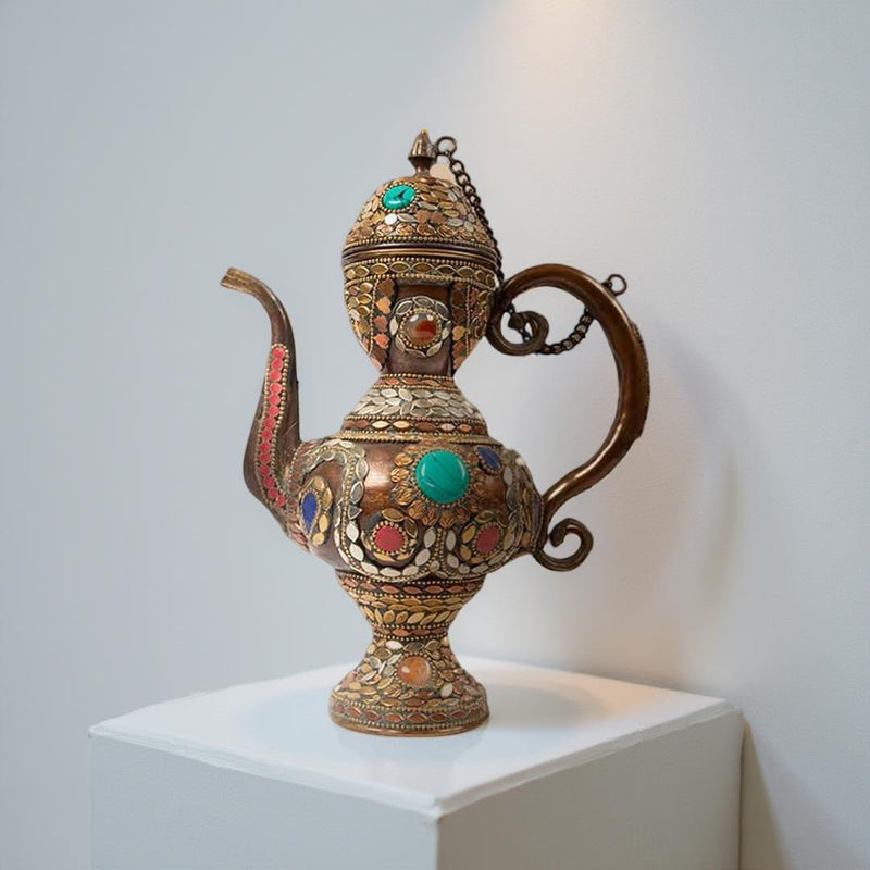 Gemstone-Decorated Brass Dallah with Ornate Handle