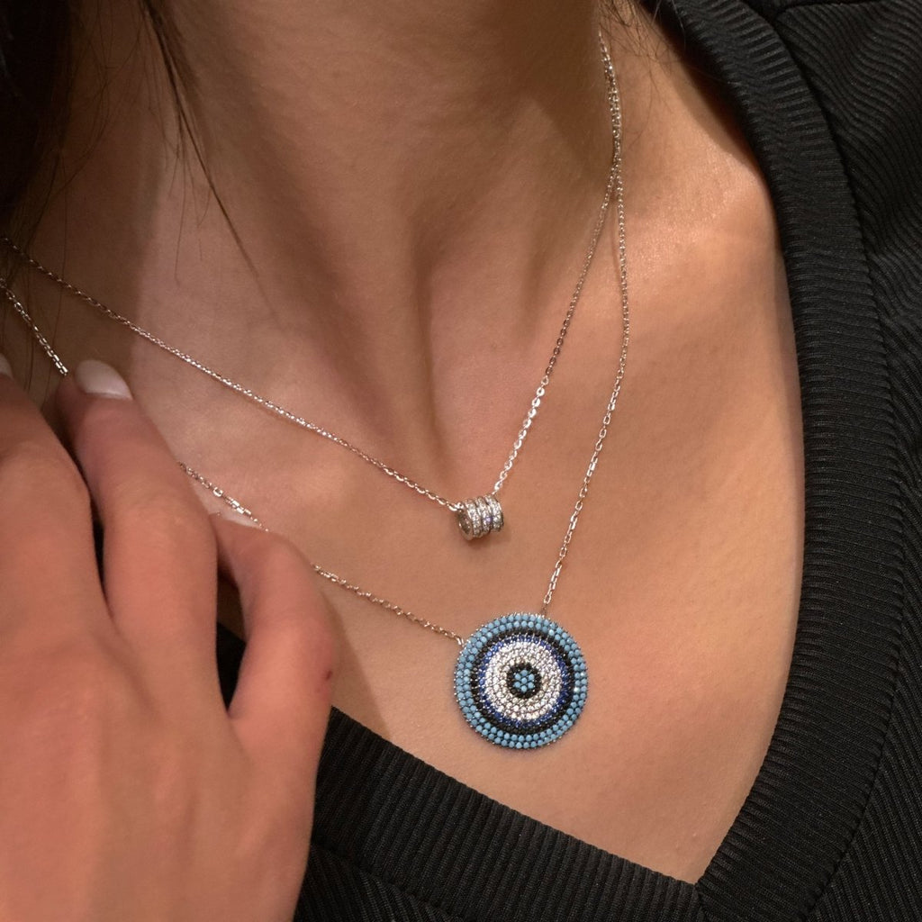 Sterling Silver Blue Evil Eye Zircon Dark Blue, Turquoise Necklace