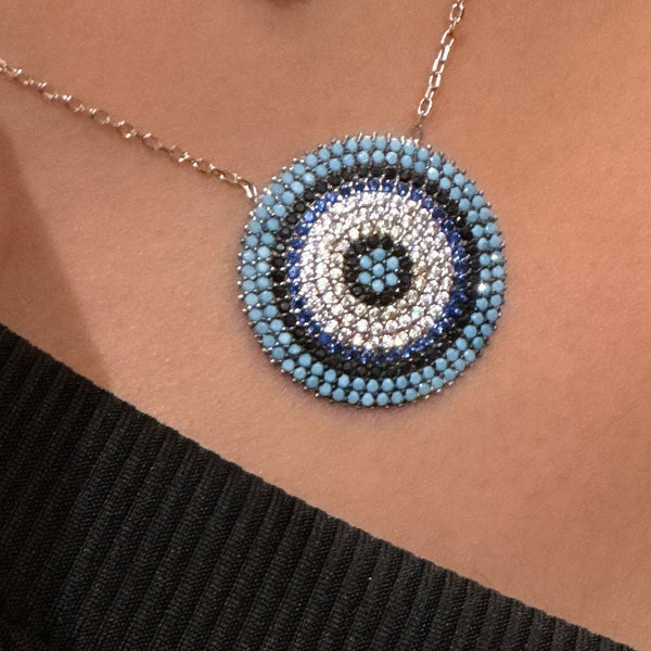 Sterling Silver Blue Evil Eye Zircon Dark Blue, Turquoise Necklace