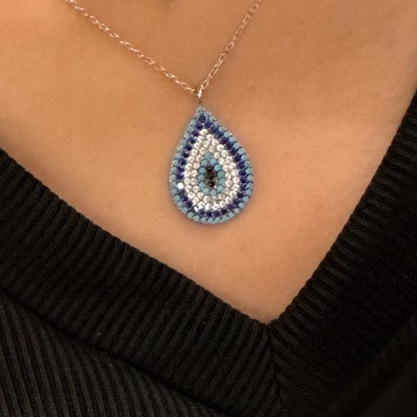 Sterling Silver Blue Evil Eye Zircon Genuine Turqiouse Stones