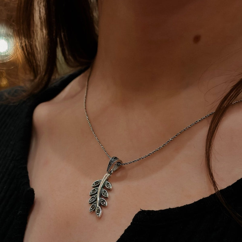 Sterling Silver Olive Leaf Necklace with Marcasrite