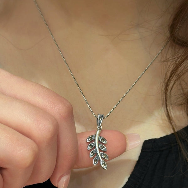 Sterling Silver Olive Leaf Necklace with Marcasrite