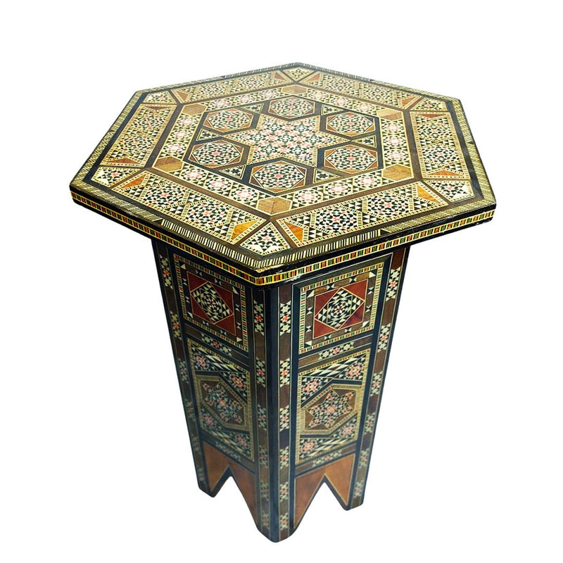 Octagonal Syrian accent table with geometric mosaic inlay across the tabletop and sides