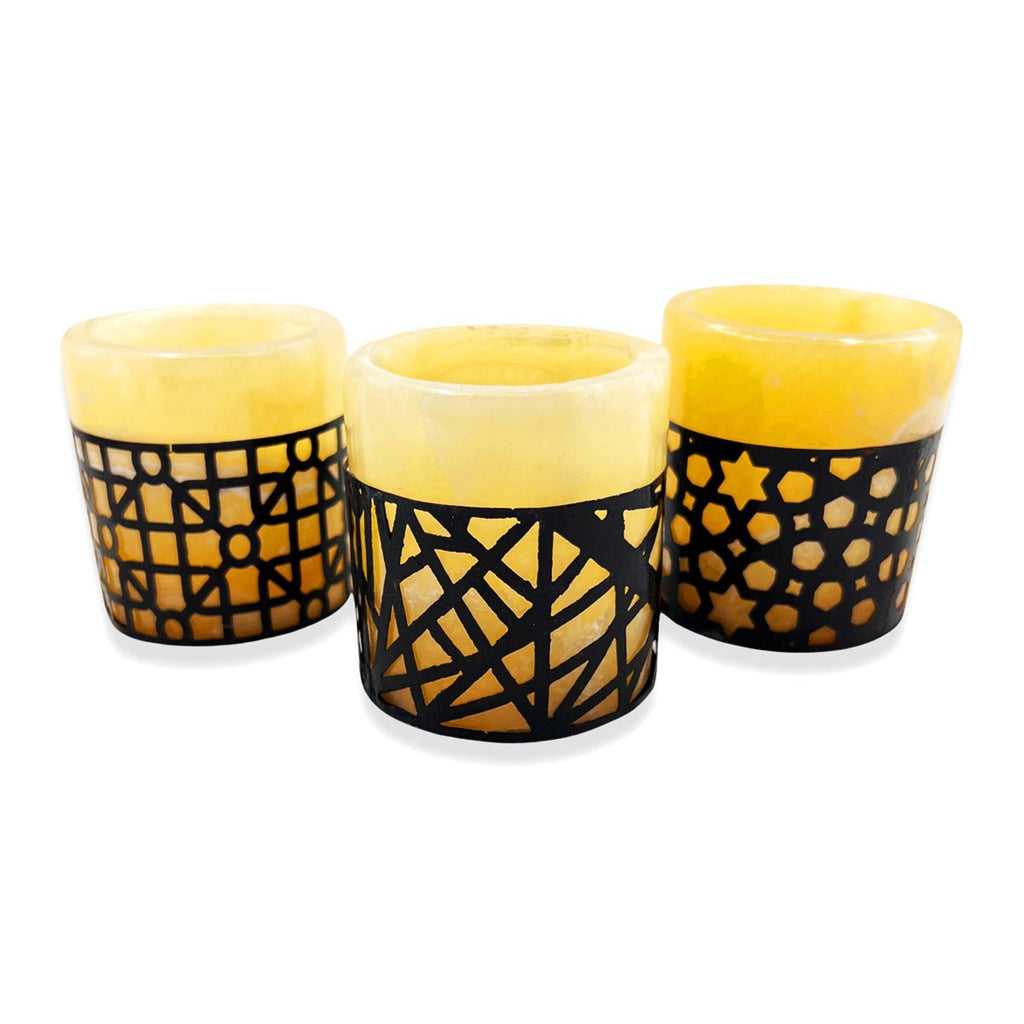 Three Candle Holders Marble Arabian Pattern Base - STLESS