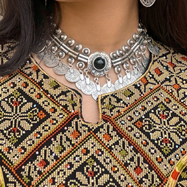 Traditional Heritage Arabic Silver Necklace with Onyx Stone