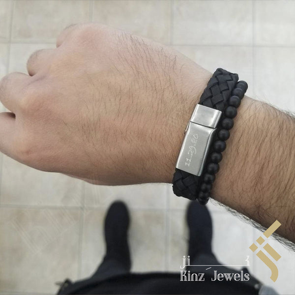 Personalized Black Braided High Quality Stainless Steel Italian Leather Bracelet