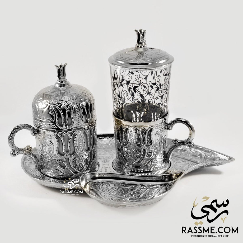 Silver Turkish Coffee Cup + Tea Cup + Tray Leaf - Made In Turkey