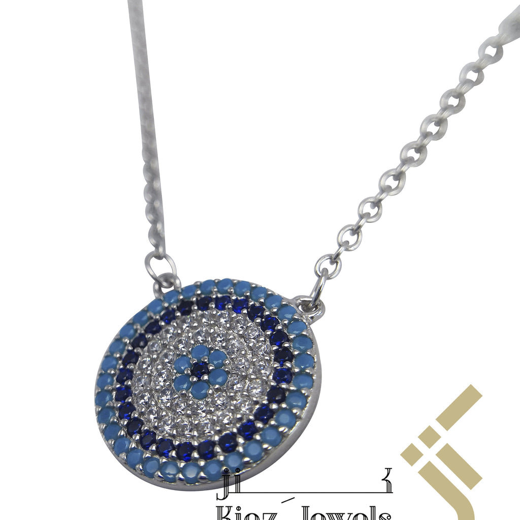 Sterling Silver Blue Evil Eye Zircon Turquoise, Navy, White Necklace