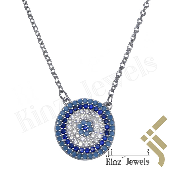 Sterling Silver Blue Evil Eye Zircon Turquoise, Navy, White Necklace