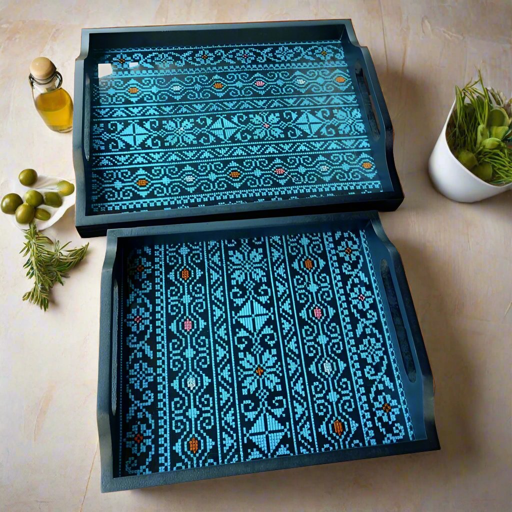 Blue Embroidery Tray Set Two Pieces Glass and Wood