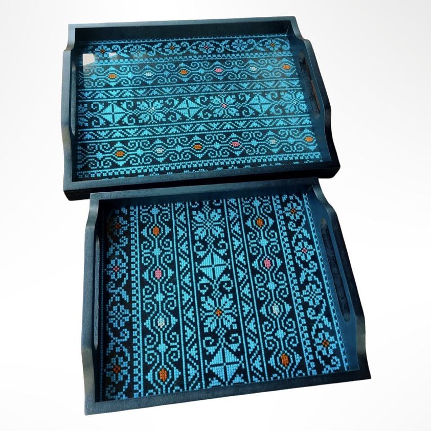 Blue Embroidery Tray Set Two Pieces Glass and Wood