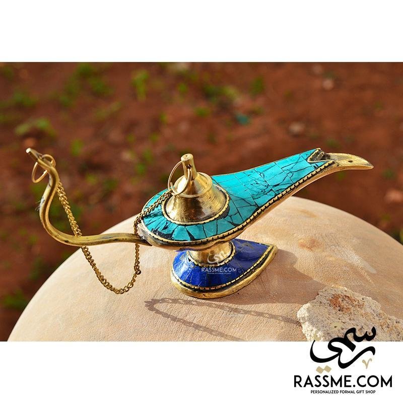 Solid Brass Aladdin Lamp Turquoise Lazord Stones - Free Engraving