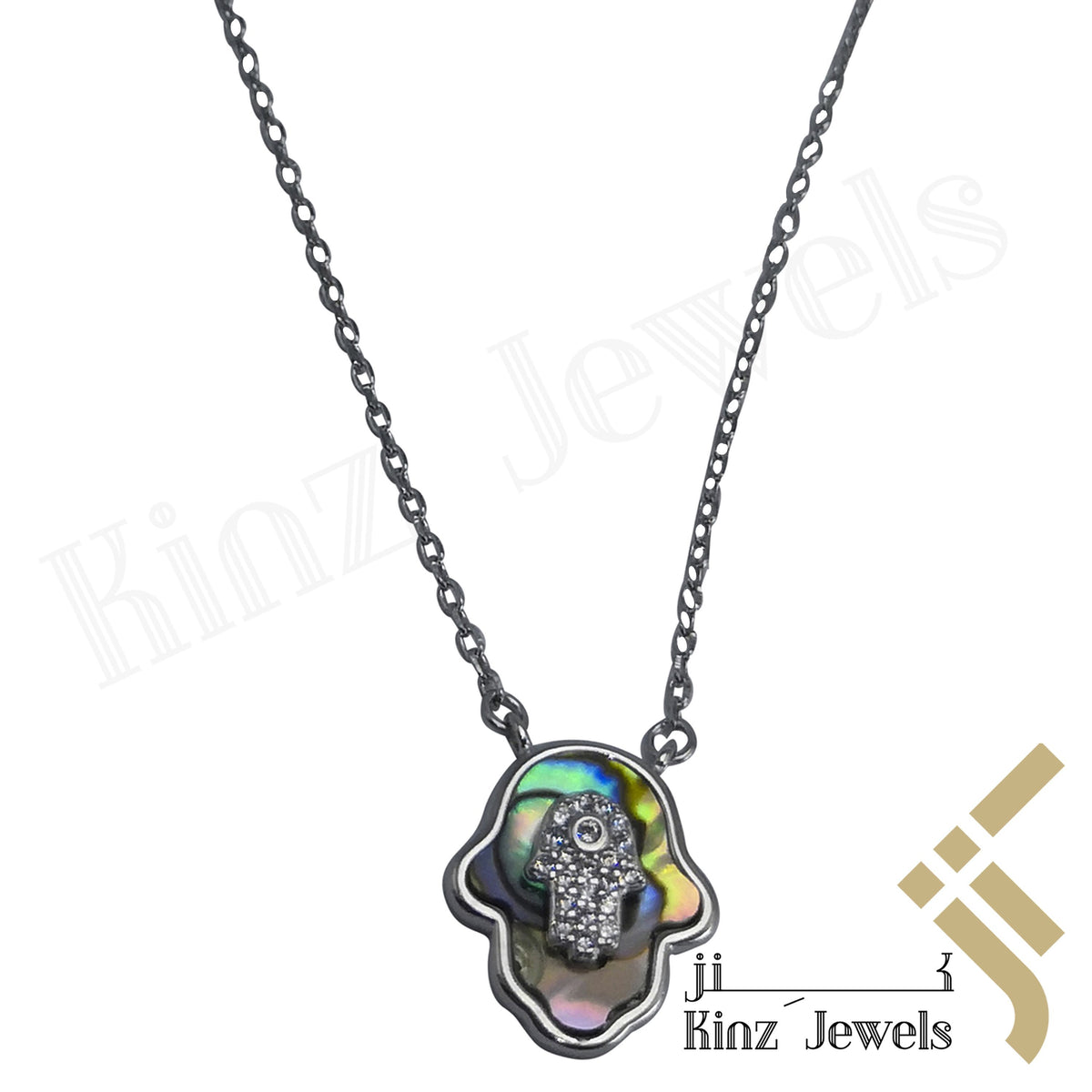 Sterling Silver Double Hamsa Mother Of Pearl And Cubic Zircon Necklace