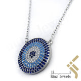 Sterling Silver Blue Evil Eye Zircon Dark Blue, Turquoise, White Necklace