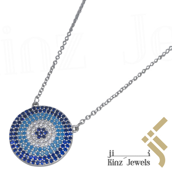 Sterling Silver Blue Evil Eye Zircon Dark Blue, Turquoise, White Necklace