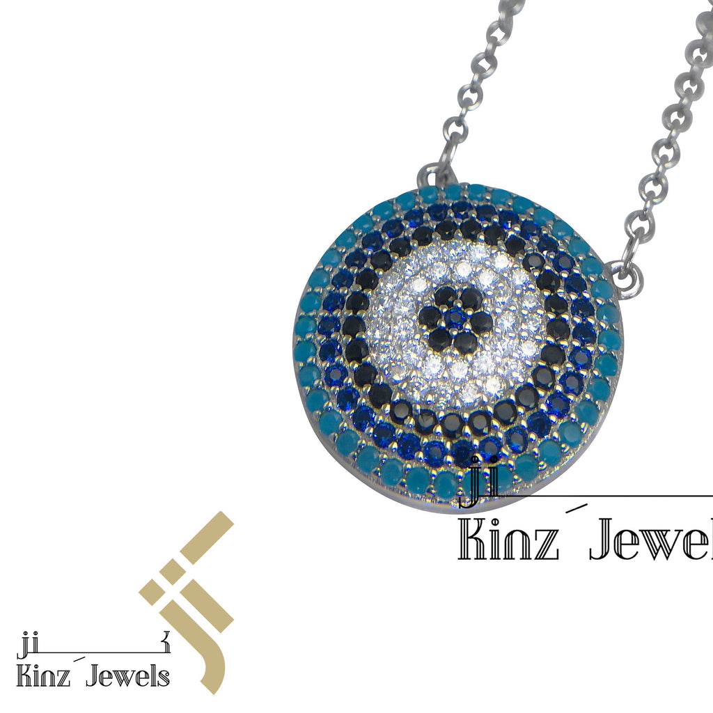 Sterling Silver Blue Evil Eye Zircon Turquoise, Navy, Black, White Necklace