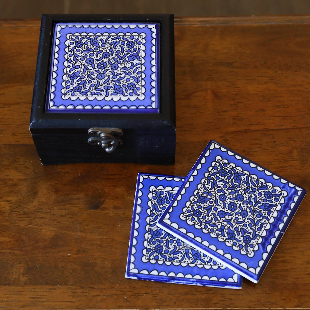 6 Blue Ceramic Coasters With Wooden Box