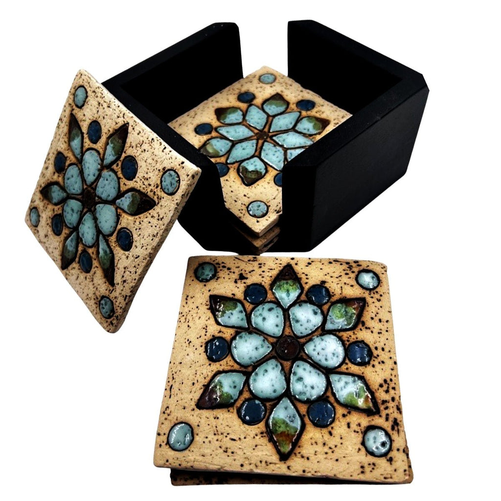 6 Coasters Set With Wooden Holder Nabateans Handcrafted